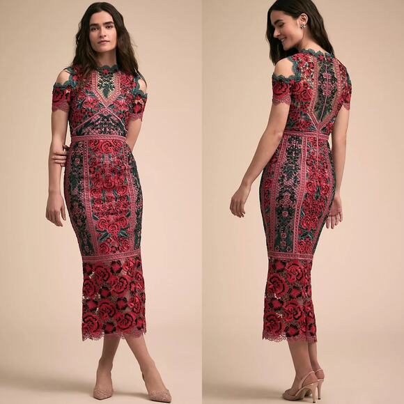 Marchesa Notte Carmelita Red Pink Floral Lace Midi Dress Cold Shoulder Size 8 - Picture 1 of 10